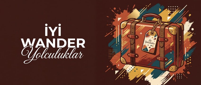 Vintage travel suitcase retro luggage vector illustration background banner for wanderlust holiday journey vacation design concept with Turkish iyi yolculuklar bon voyage text tag poster template