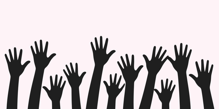 A group of human hands raised upwards in the air, depicted as black silhouettes against a light background, symbolizing unity, support, celebration, or voting