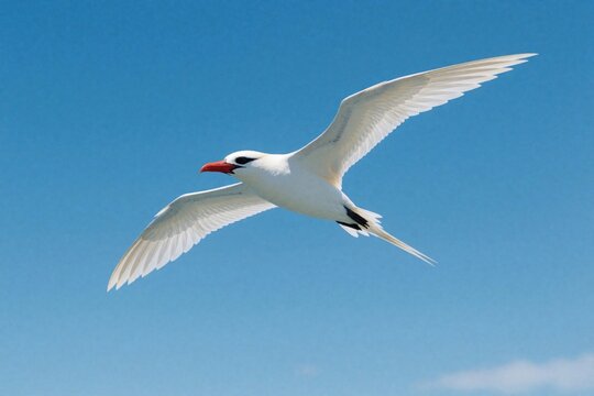 Red tailed tropicbird flies in clear blue sky. Tropical seabird with white plumage, long tail feathers soars above ocean. Exotic avian wildlife wings spread wide during flight in bright sunny