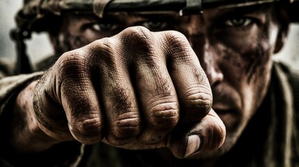 Obraz premium Soldier with muddy face and fist advances toward camera. Warrior prepares for battle, hand clenched, eyes focused intensely on viewer. Military combat concept.