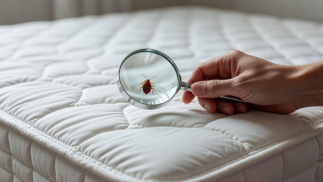 Hand holding magnifying glass inspecting bed bug on mattress, pest control and home hygiene