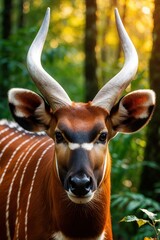 Obraz premium Close up portrait of mountain bongo antelope with long curved horns. Rare African mammal with reddish brown fur, white stripes stands in green forest. Wild animal looks at camera amidst sunlit trees,