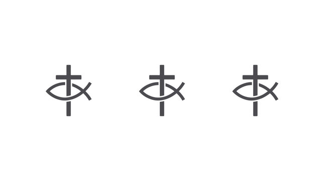 Christian religious fish and cross symbols rendered in modern neomorphic style with soft grey tones