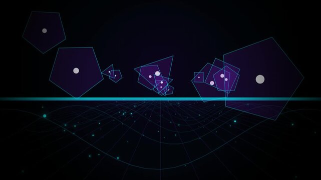 Abstract digital background with glowing pentagon shapes and neon grid lines in cyberspace