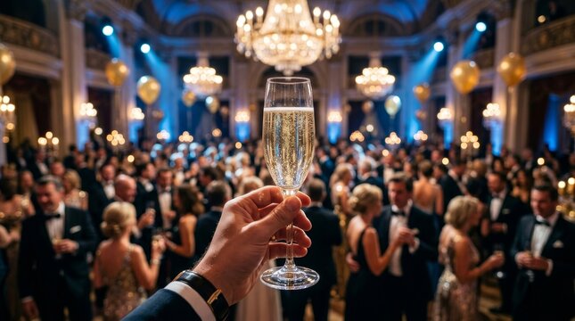 Guests celebrating an award ceremony with champagne and golden balloons.