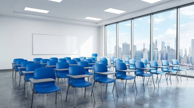Empty presentation room in a fancy office featuring blue chairs and a New York city view.