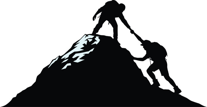 Silhouette of two mountain climbers helping each other reach the peak of a steep rocky mountain, isolated on a white background, for adventure concepts