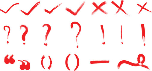 Obraz premium Set of various red hand drawn punctuation marks checkmarks and cross symbols on a white background