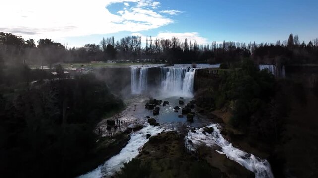 Aerial Drone View of Waterfall and rapids in the lush green forest at Saltos del Laja, Chile 