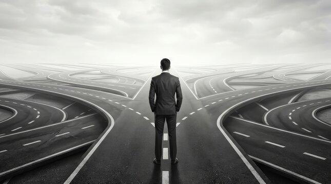 Successful businessman standing at a crossroads facing multiple path options.
