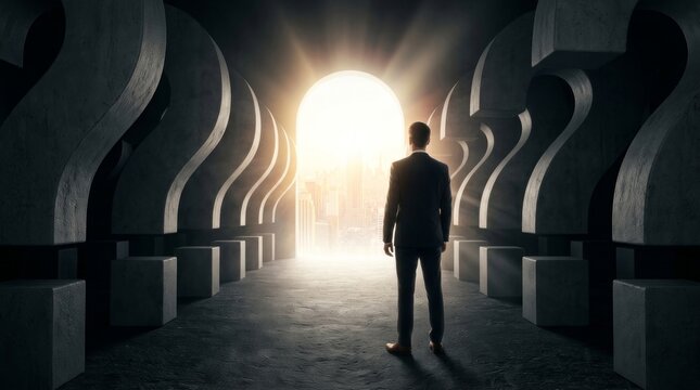 Man exiting a dark tunnel of massive question marks into a bright city view.