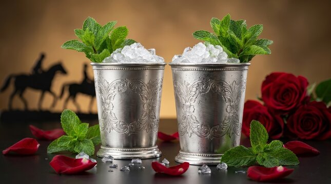 Classic silver mint julep cocktails served with red roses and mint garnish.