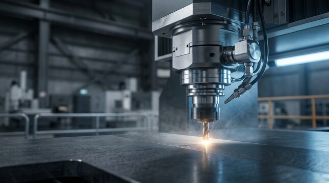 Advanced industrial CNC machine head executing high-precision manufacturing on a textured material.