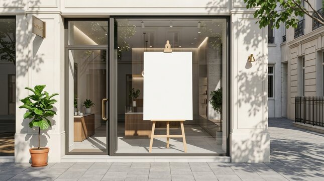 Commercial retail business storefront featuring a blank product showcase in a modern building facade.