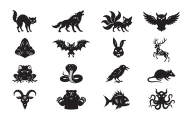 Obraz premium Spooky animal silhouette icons set in black color for Halloween decoration and wildlife graphic.