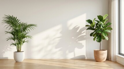 Fototapeta premium Professional remote work background featuring indoor plants, wooden floor, and soft sunlight.