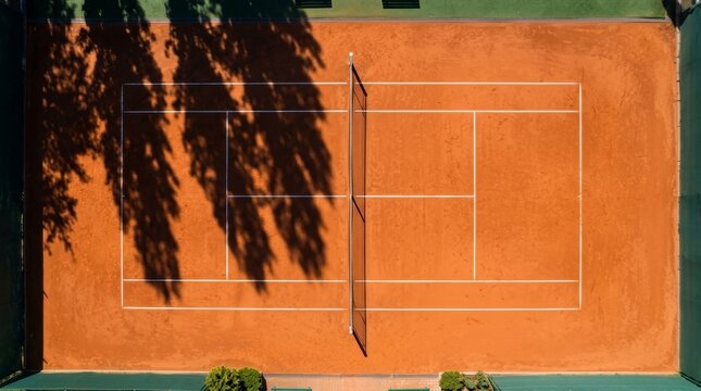 Red clay tennis court top down view with sunlight and tree shadows.