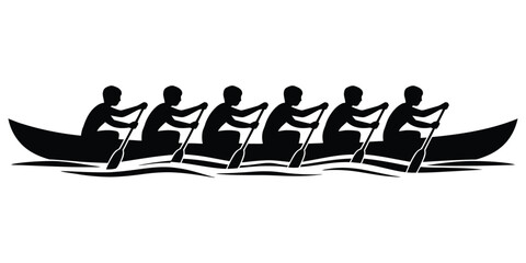 Black silhouette of a dragon boat team with six rowers paddling in unison across water waves isolated on a white background, for sports competition © Mi