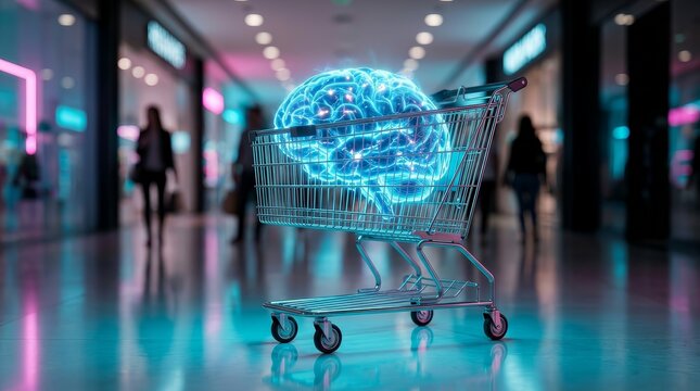 Modern retail environment background featuring a shopping cart holding a luminous brain representing market psychology.