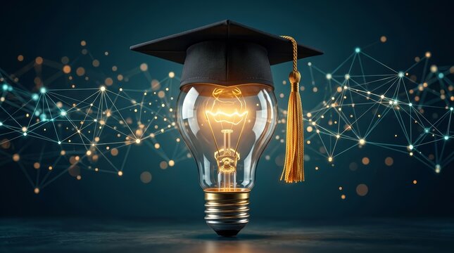 Concept of learning and intelligence with a light bulb and academic cap for student achievement.