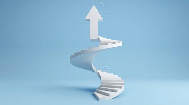 3D rendering of stairs with an arrow going upward along a spiral path.