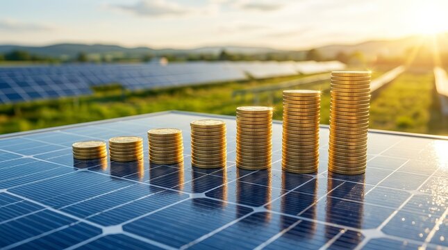 Economic growth through sustainable power shown by rising gold coin stacks on solar panels.