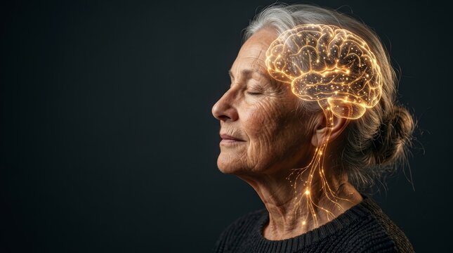 Visualizing brain function and neurological conditions in an elderly woman through a glowing neural network.