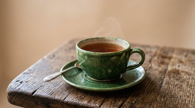 steaming hot tea in green ceramic cup on rustic wooden table, cozy tea break concept