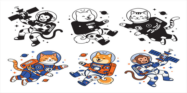Set of cute cartoon animals as astronauts exploring space in this detailed hand drawn vector illustration collection