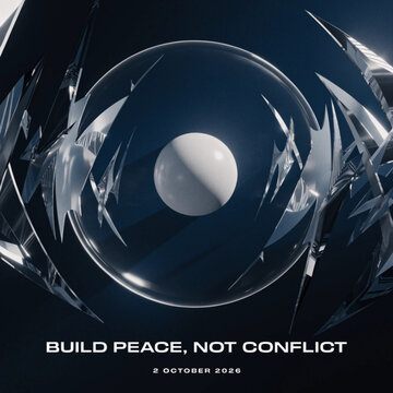 Build peace not conflict poster concept. White sphere surrounded by metallic shards and glass ring on dark background. Modern futuristic typography layout for international day.