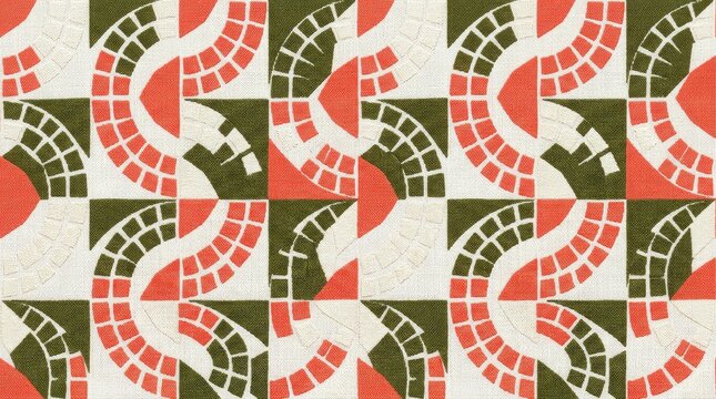 Mid century modern geometric fabric pattern with orange and olive green tiles
