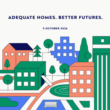 Adequate homes better futures poster vector illustration. Features urban cityscape with colorful buildings, trees, and park bench. Flat design concept for housing campaign and city development.