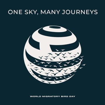 World Migratory Bird Day vector poster design. Features stylized globe and migrating birds with text One Sky Many Journeys. Clean graphic for environmental conservation campaigns.