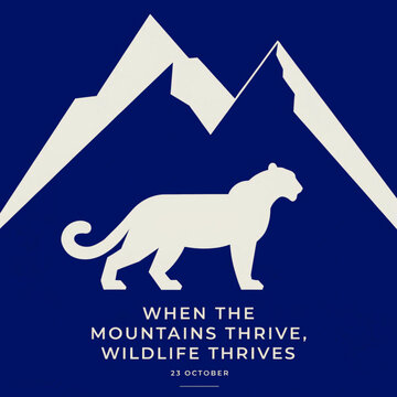 Snow leopard and mountain vector design. Features wildlife silhouette with inspirational text typography. Flat graphic template for environmental awareness and conservation campaigns.