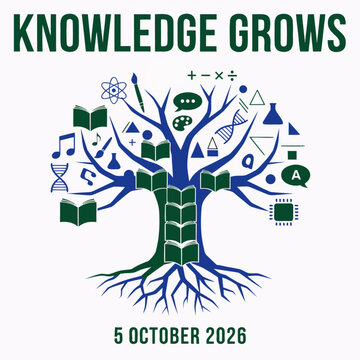 Knowledge grows tree concept vector illustration. Features books forming trunk and branches with science, art, and math icons. Clean educational design for school and university.