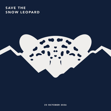 Save the snow leopard poster design. Features stylized big cat face silhouette with mountain landscape and typography text. Flat minimalist vector graphic for environmental awareness campaigns.