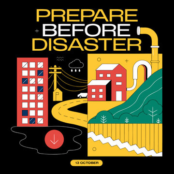 Prepare before disaster concept poster vector design. Features building, rain cloud, road, and factory elements with bold text. Clean modern flat illustration for safety campaign and risk management.