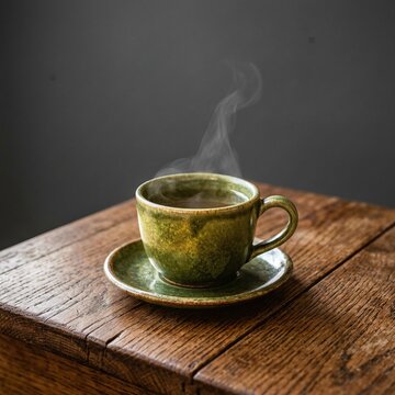 green ceramic cup with steaming hot tea on rustic wooden table, cozy coffee break concept