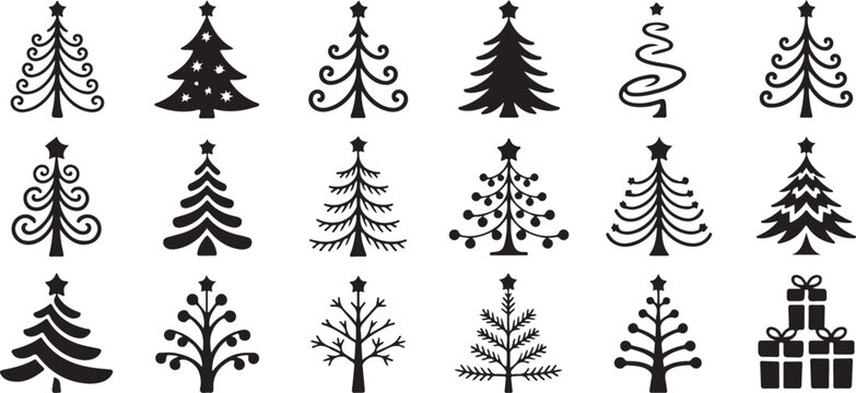 Various stylized Christmas tree icons and decorative evergreen shapes for seasonal holiday design and greeting cards