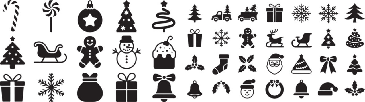 Set of festive holiday christmas icons including santa claus trees snowflakes gifts and winter season elements