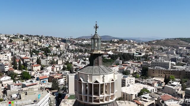 Aerial view of the city of Nazareth, showing the Basilica of the Annunciation and the houses adjacent to the Old City.