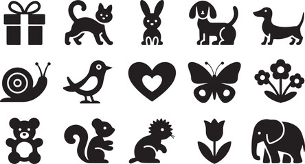 Obraz premium Set of cute animal silhouettes including a cat a bunny and a dog with flowers