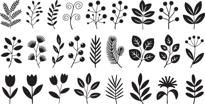 Set of black botanical silhouette elements for artistic floral design and creative seasonal graphic decoration projects
