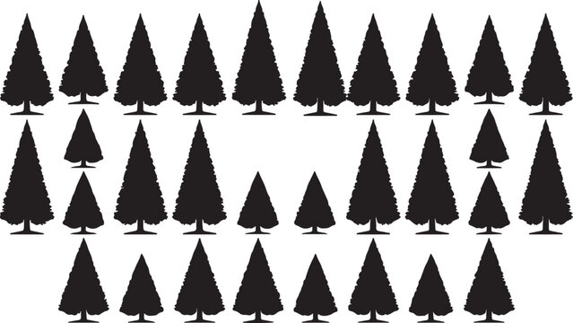 Set of black evergreen tree silhouettes in various shapes for nature design projects and seasonal decorations