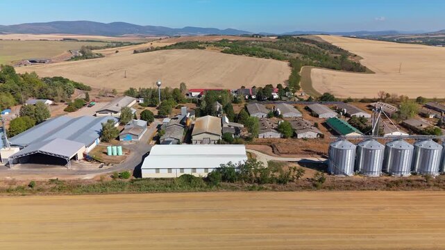 P&aacute;szt&oacute;, N&oacute;gr&aacute;d County, Hungary, grain and feed silos beside livestock barns and fields in a rural summer landscape with hills and farm infrastructure, aerial sideways tracking view.