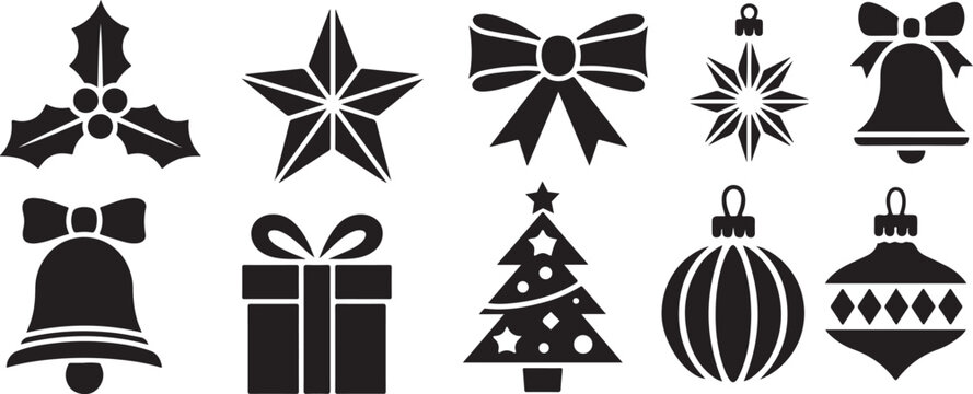 Set of festive christmas icon silhouettes for seasonal holiday greetings and decorative winter celebration graphic design projects