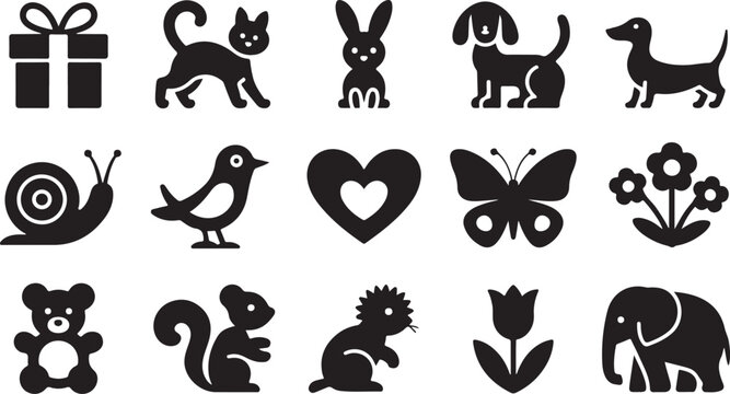 Set of cute animal silhouettes including a cat a bunny and a dog with flowers