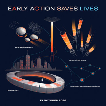 Early action saves lives concept vector illustration. Features early warning sensors, strong infrastructure, flood barriers, and emergency communication networks. Modern dark infographic design.