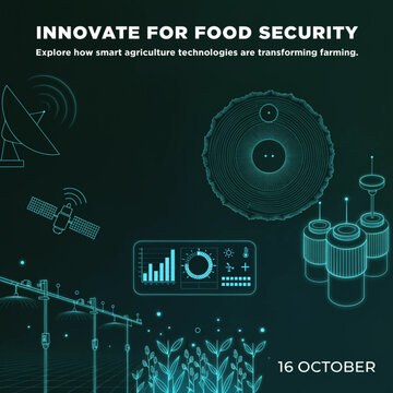 Smart agriculture and food security infographic banner. Features satellite, radar dish, data charts, sensors, and crop growth. Digital farming technology vector illustration.