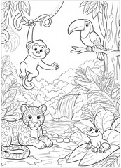 Fototapeta premium Coloring book page featuring animals in a jungle setting with a monkey, toucan, jaguar, and frog near a waterfall